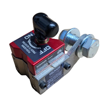 Toggle switch with red and black design on a white background