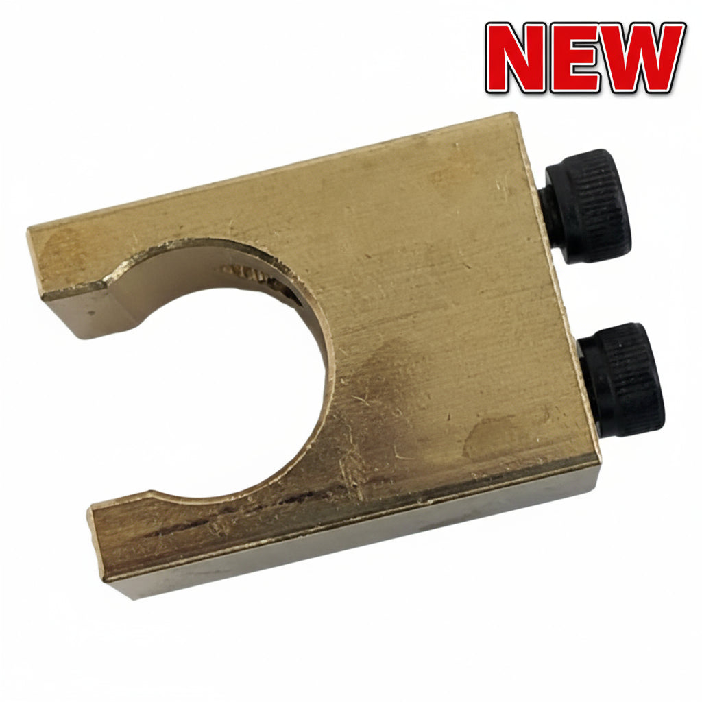 Weld Thru Deck Ferrule Grip with a gold-colored metal body and two black adjustment knobs for secure welding applications.