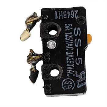 HBS A12 Stud Gun micro switch with black plastic body, metal terminals, and white actuator for precise electrical control.