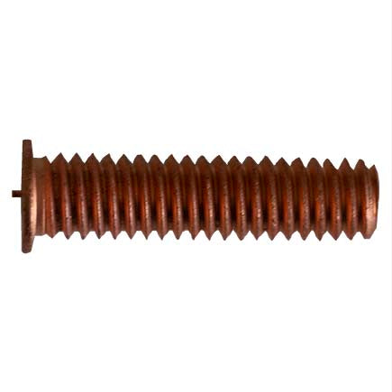 Copper-colored M8-1.25 CD weld stud with flanged head, threaded for mild steel, shown against a white background.